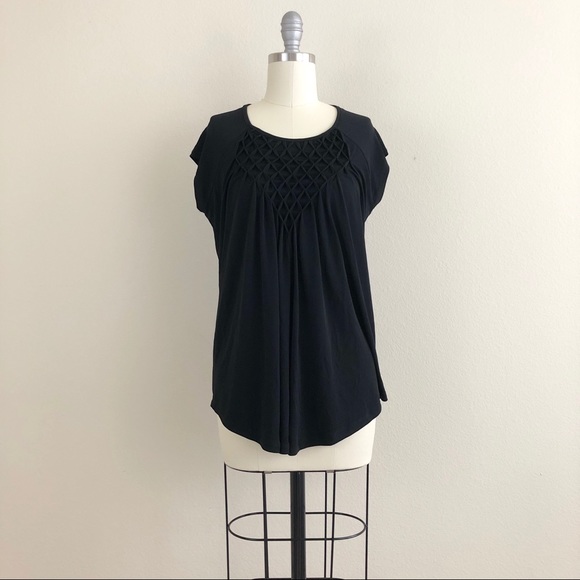 Premise Tops - Premise Black Cap Sleeve Diamond Weave Blouse